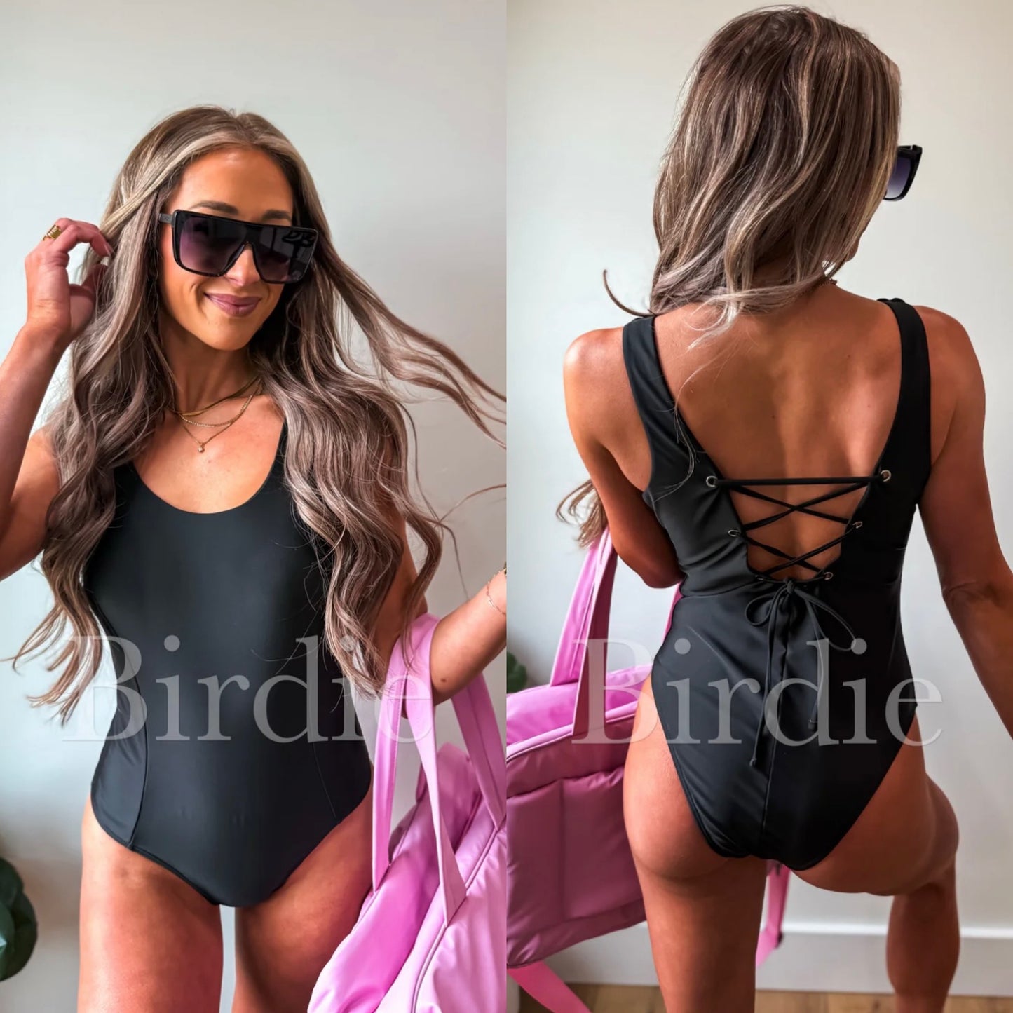 PREORDER Black Tide Ribbed Lace-Up One Piece Swimsuit - HIGHLAND MOON CO, LLC