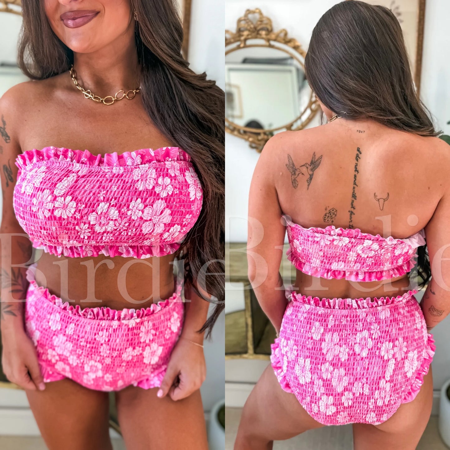 PREORDER Ruffle Bandeau Two Piece Swimsuit in Island Petal Pink (Sold as Set) - HIGHLAND MOON CO, LLC