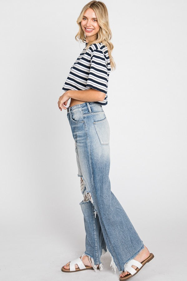Distressed High Rise Rigid Vintage Cropped Flare Jeans