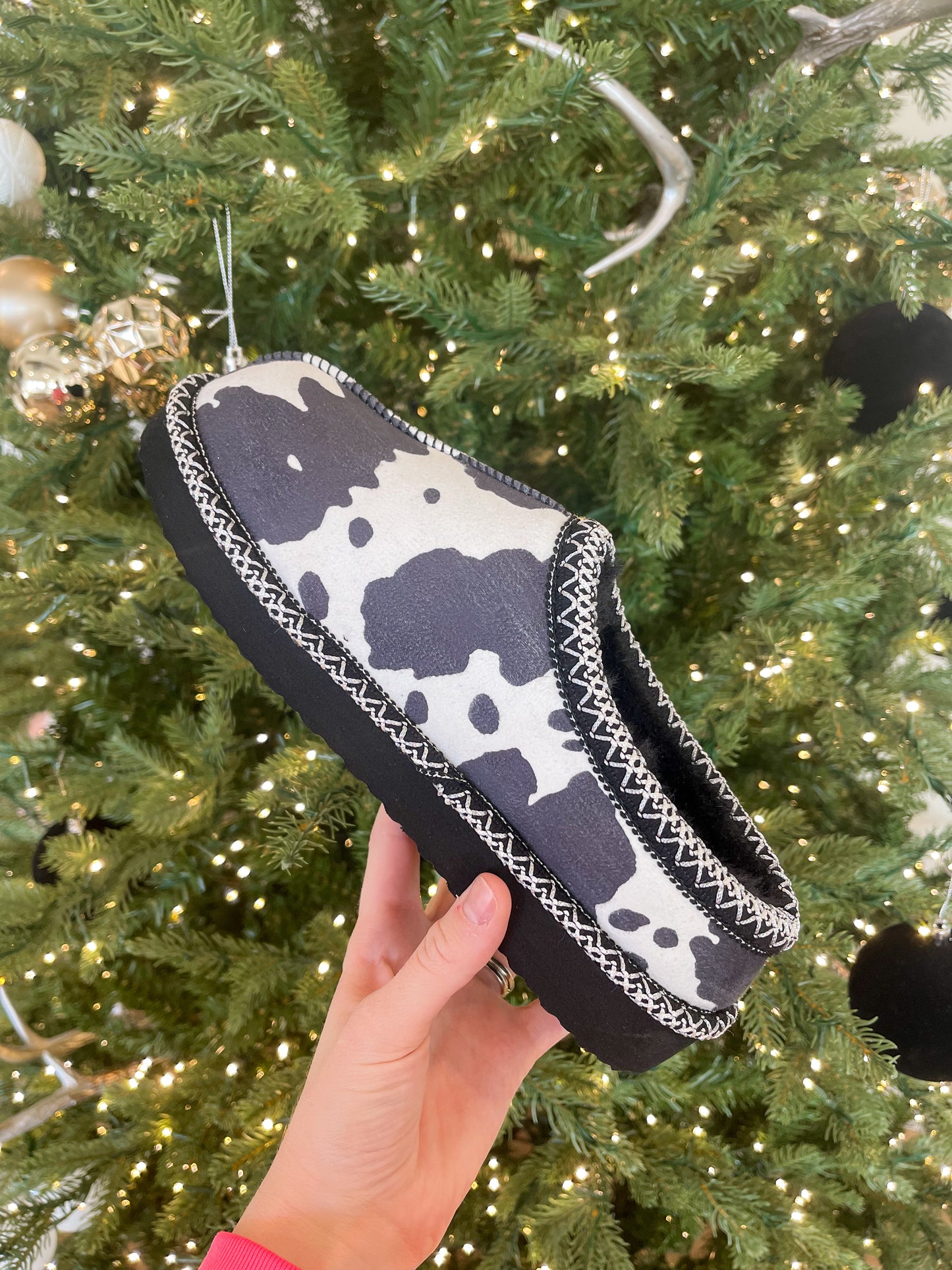 Georgina Cowprint Slippers for Women | Fur Lined Cozy House Shoes - HIGHLAND MOON CO, LLC