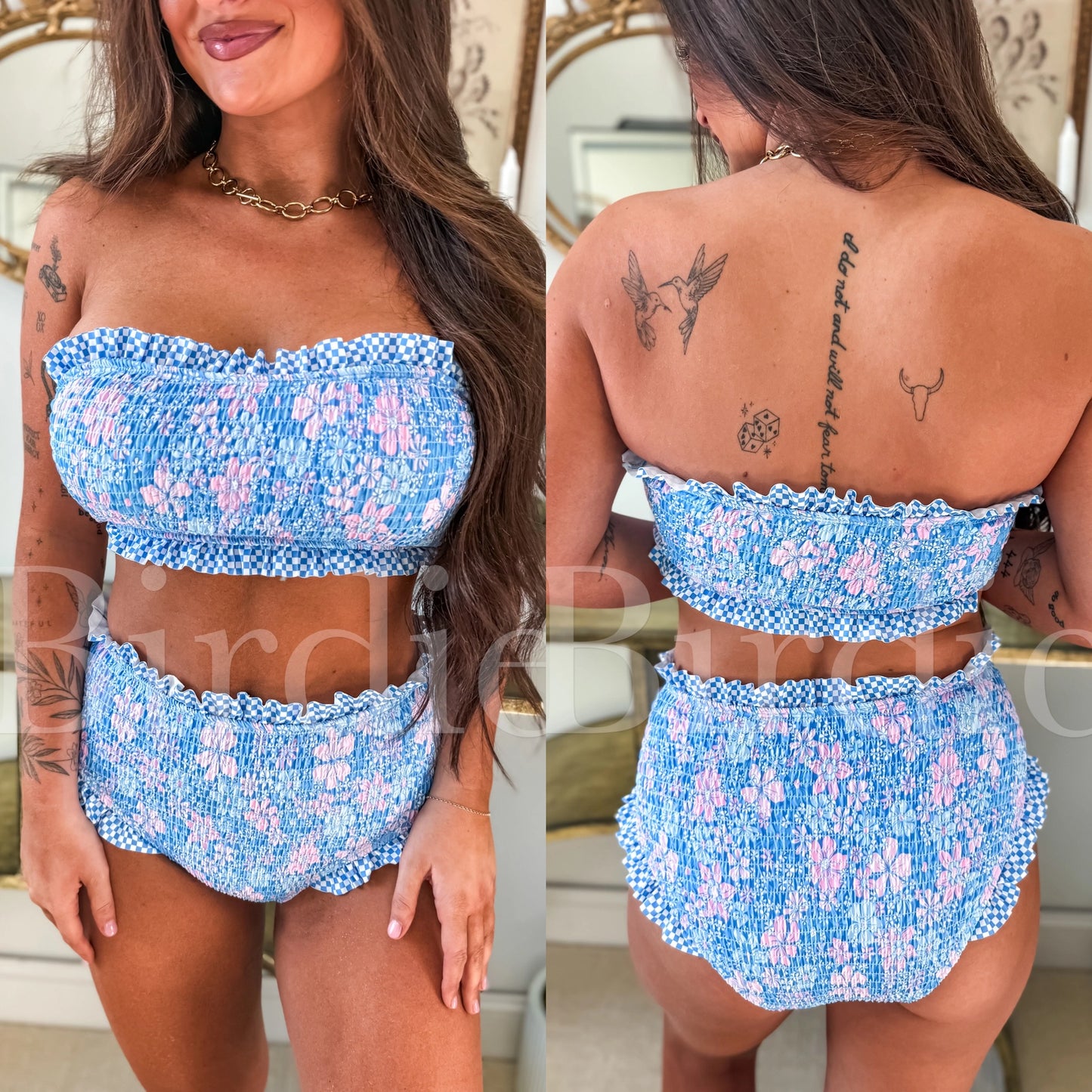 PREORDER Ruffle Bandeau Two Piece Swimsuit in Bluebell Blush (Sold as Set) - HIGHLAND MOON CO, LLC