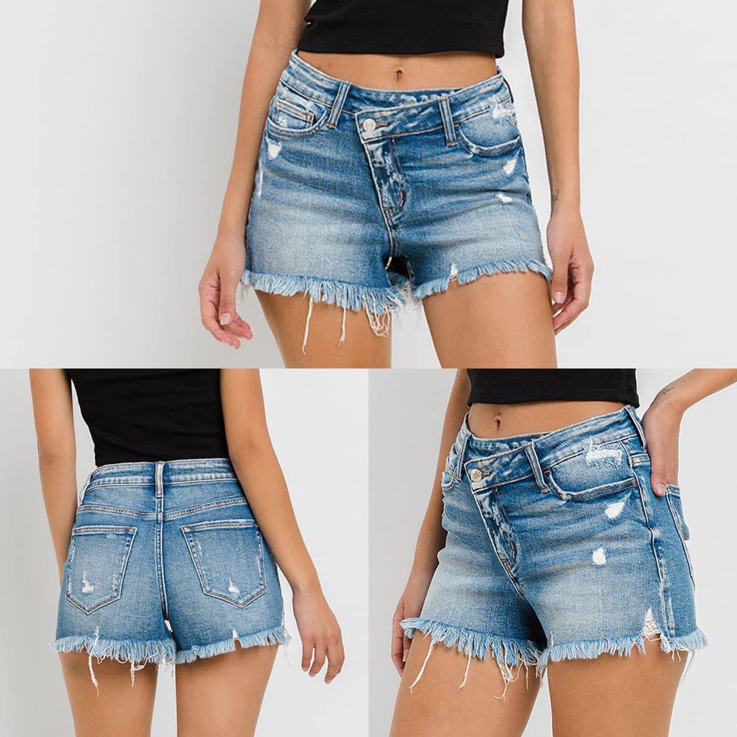 High Rise Distressed Criss Cross Shorts - HIGHLAND MOON CO, LLC