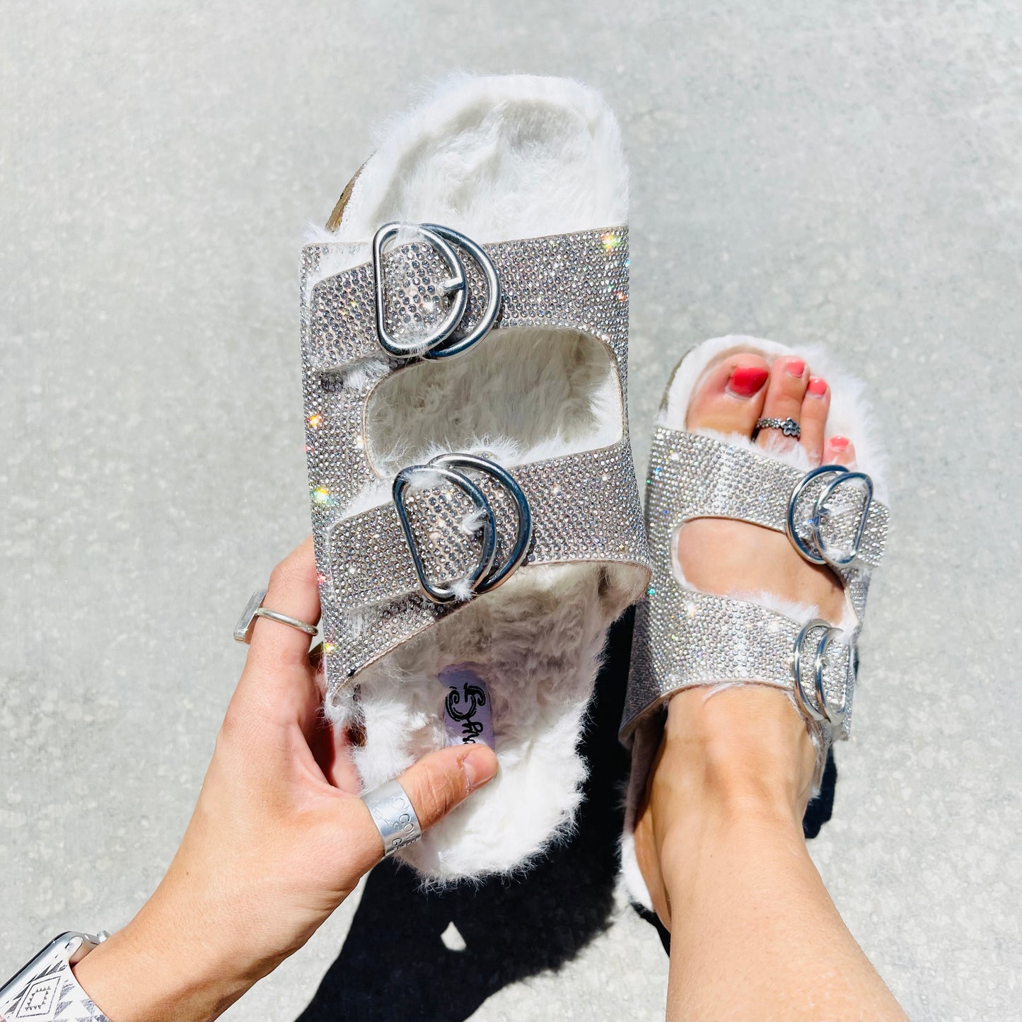 Rhinestone Furry Sandals - HIGHLAND MOON CO, LLC