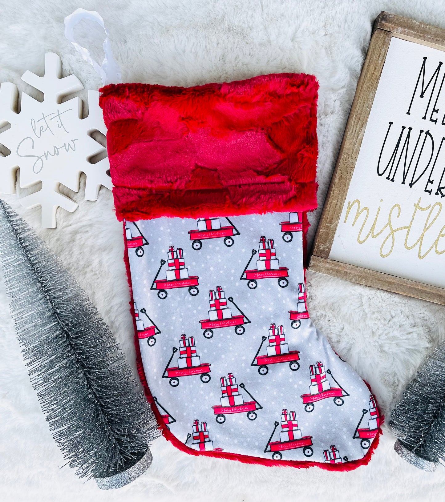 Christmas Wagons Minky Stocking - HIGHLAND MOON CO, LLC