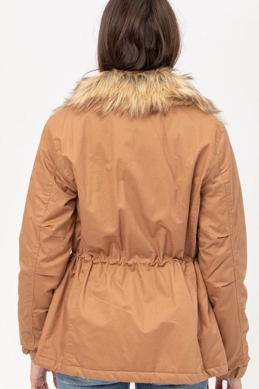 Camel Faux Fur Utility Jacket - HIGHLAND MOON CO, LLC