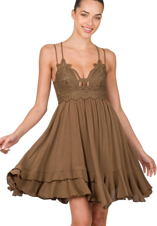 Mocha Ruffle Lace Tank Dress - HIGHLAND MOON CO, LLC