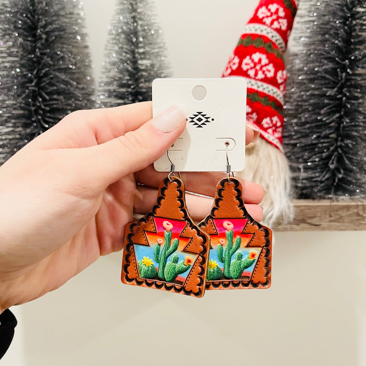 Genuine Leather Cactus Print Earrings