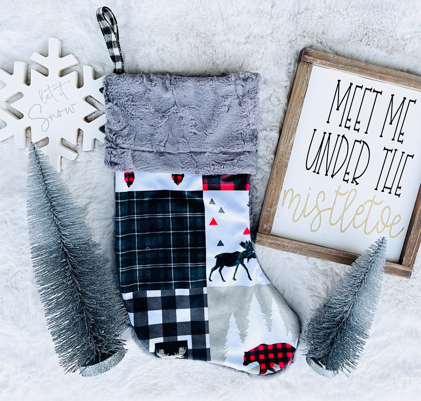 Patchwork Woodland Minky Stocking - HIGHLAND MOON CO, LLC