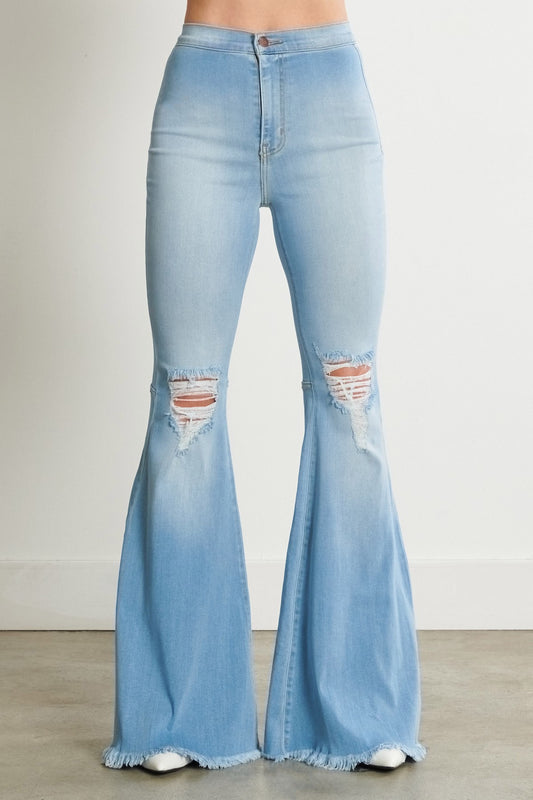 Light Stone Distressed Flare Jeans - HIGHLAND MOON CO, LLC
