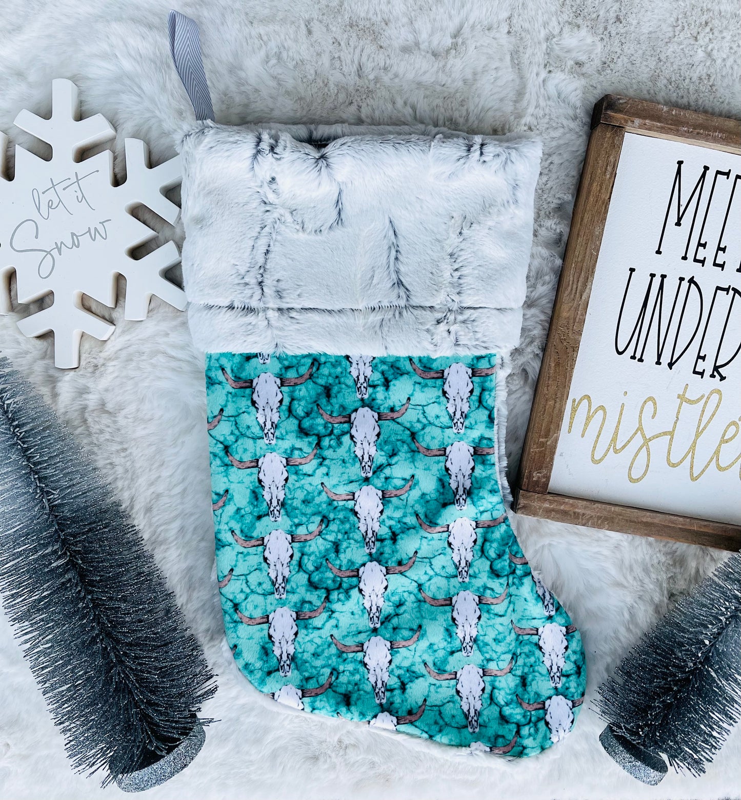 Minky Turquoise Skull Stocking - HIGHLAND MOON CO, LLC