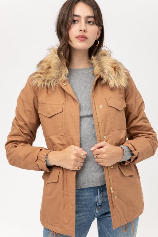 Camel Faux Fur Utility Jacket - HIGHLAND MOON CO, LLC