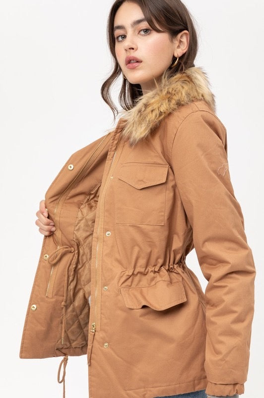 Camel Faux Fur Utility Jacket - HIGHLAND MOON CO, LLC