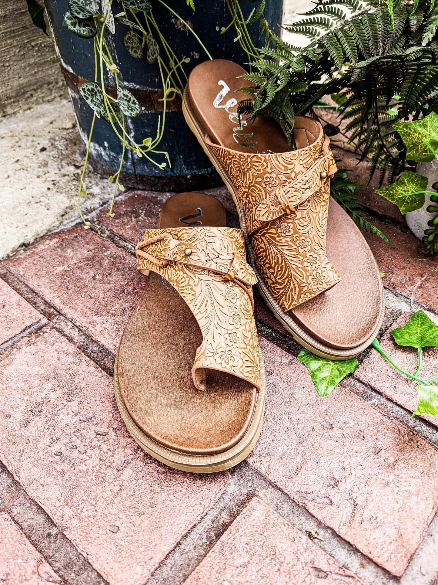 Tan Tooled Sandals - HIGHLAND MOON CO, LLC