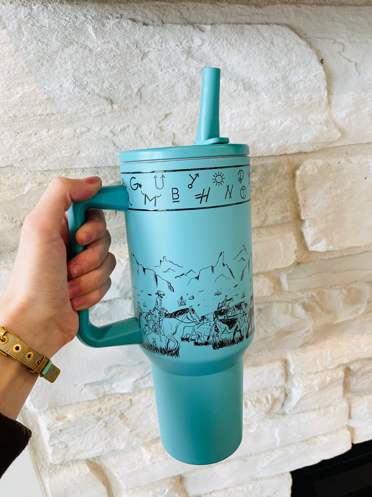 Turquoise Cattle Drive Flip Top Tumbler - HIGHLAND MOON CO, LLC