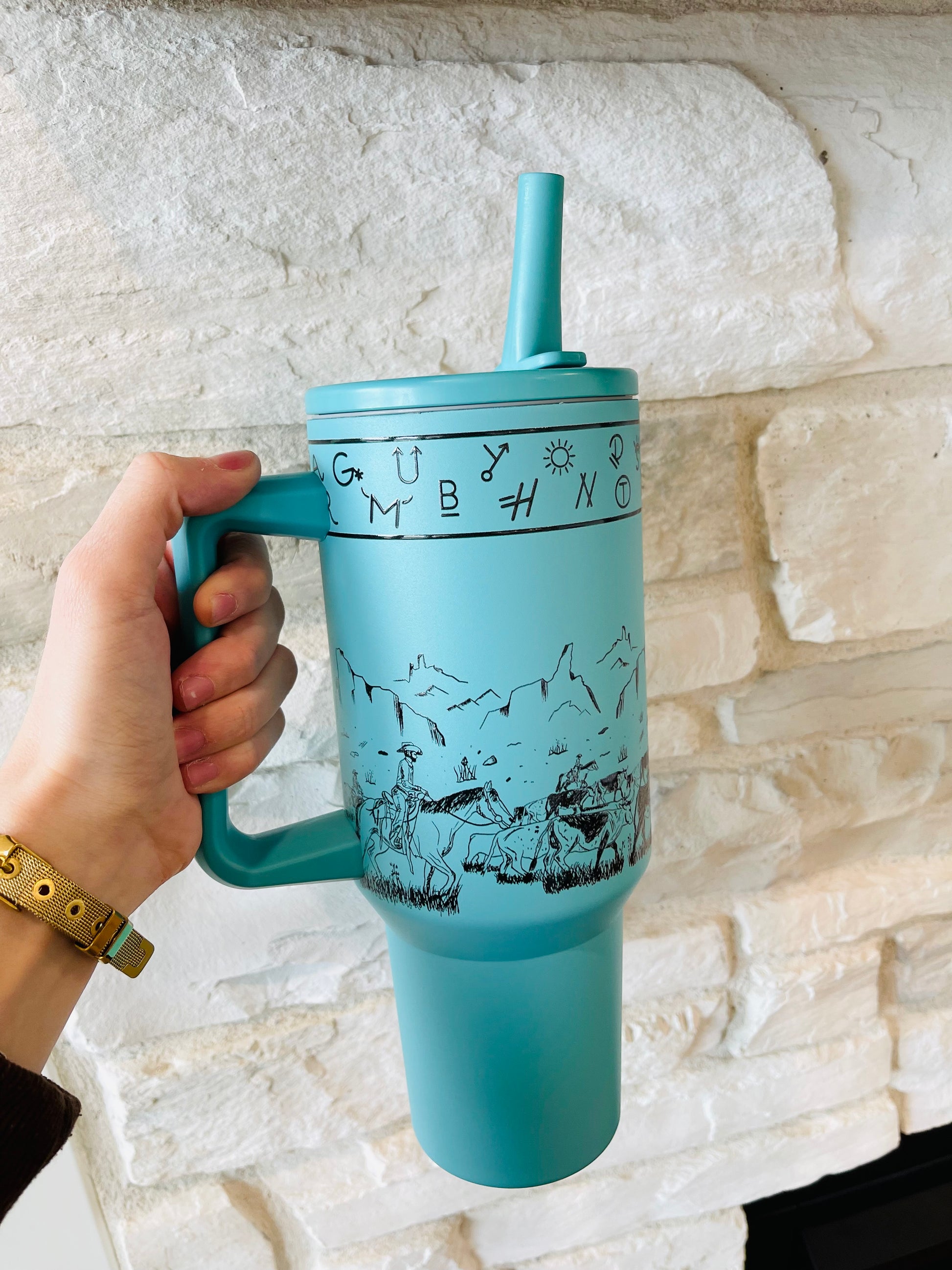 Turquoise Cattle Drive Flip Top Tumbler - HIGHLAND MOON CO, LLC