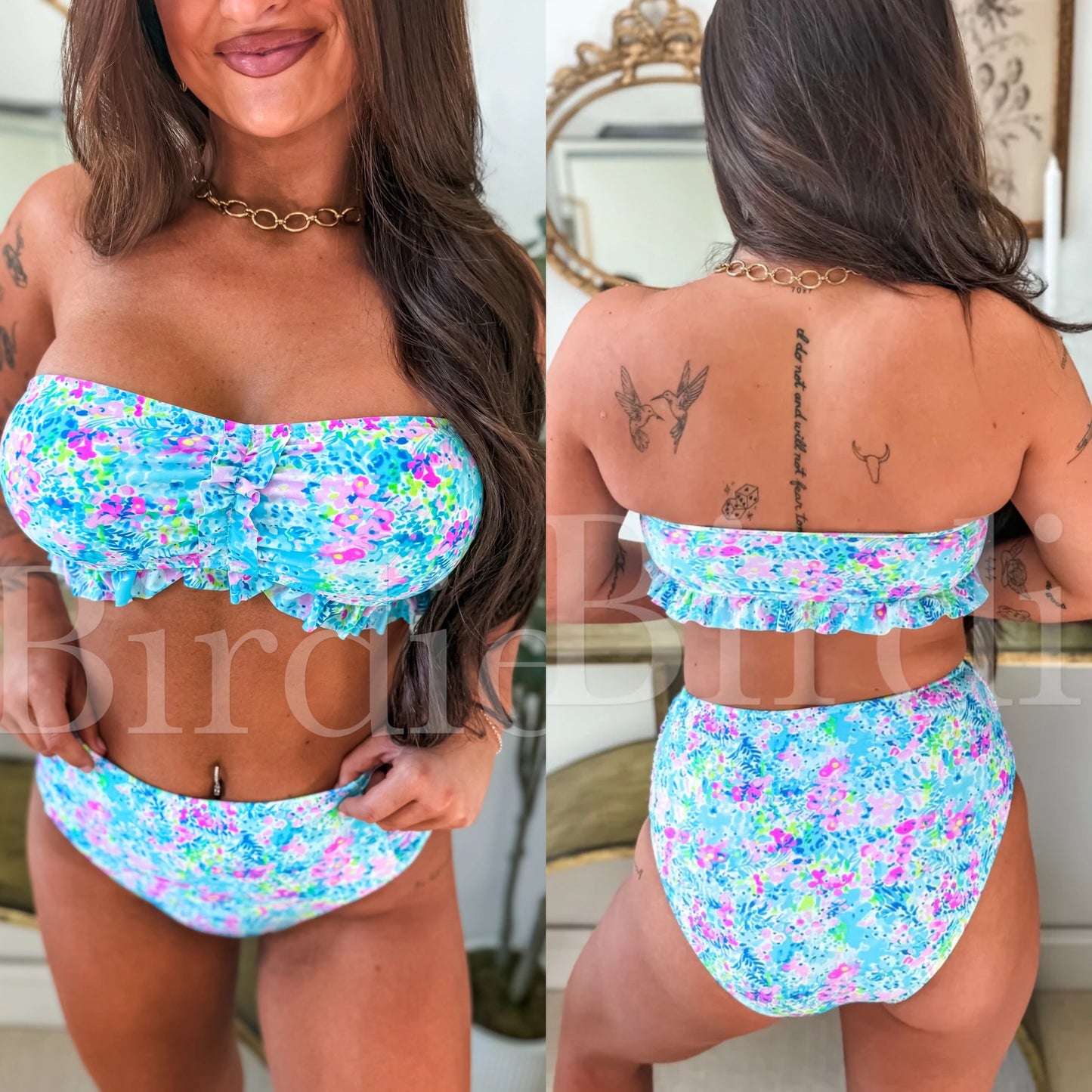 PREORDER Two Piece Ruffle Strapless Swimsuit in Country Club Bloom (Sold as Set)