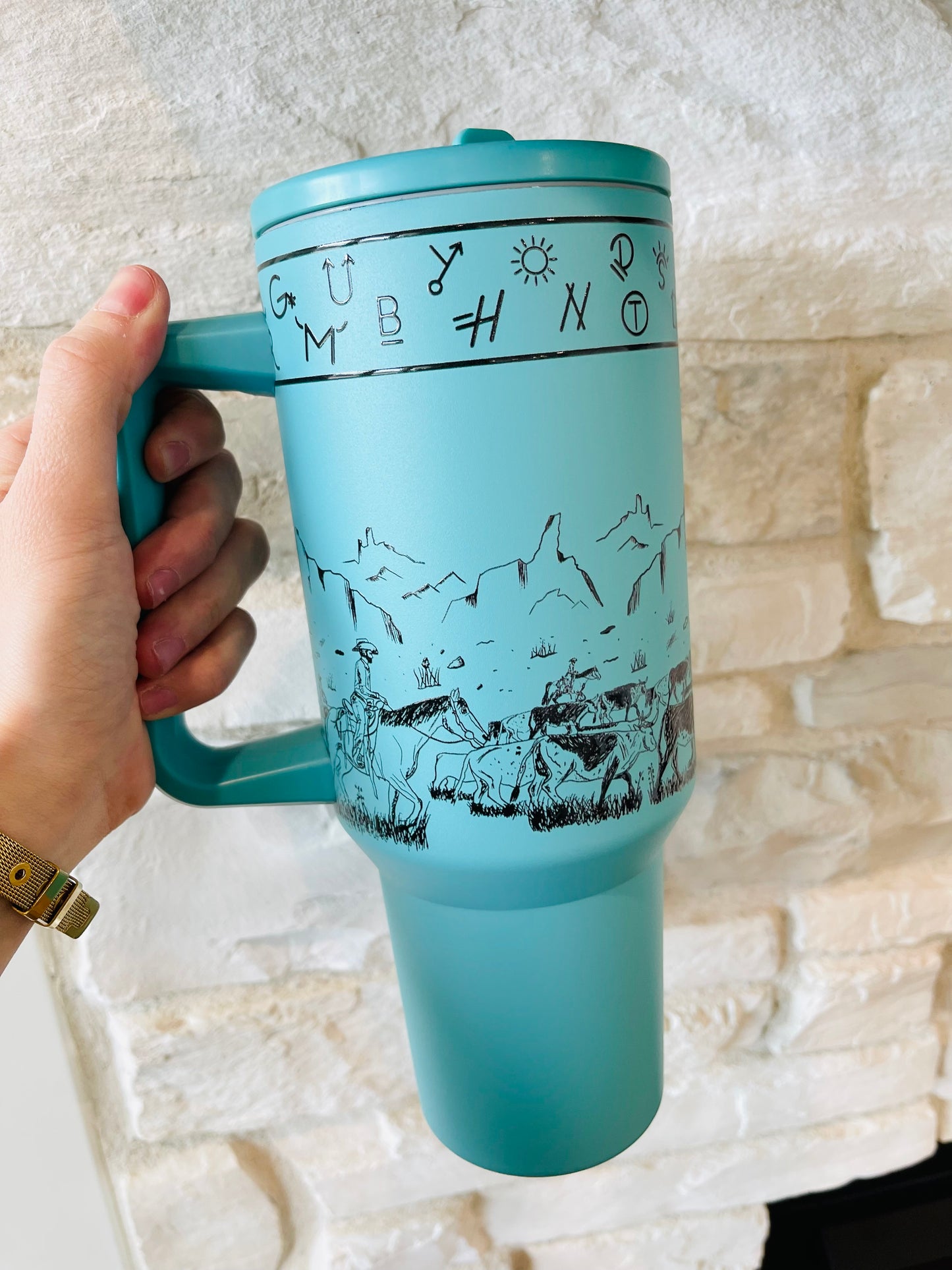 Turquoise Cattle Drive Flip Top Tumbler - HIGHLAND MOON CO, LLC
