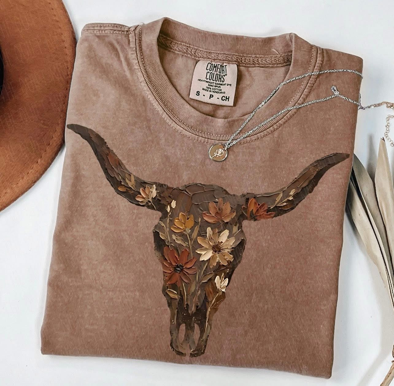 Brown Floral Skull Tee - HIGHLAND MOON CO, LLC