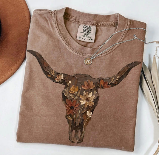 Brown Floral Skull Tee - HIGHLAND MOON CO, LLC