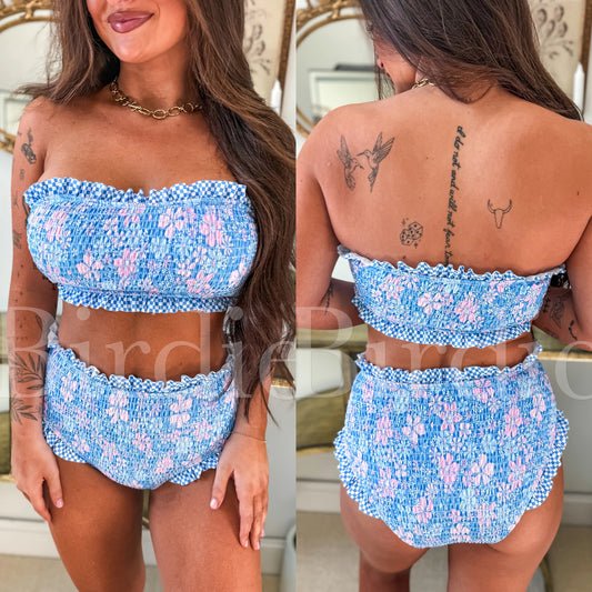 PREORDER Ruffle Bandeau Two Piece Swimsuit in Bluebell Blush (Sold as Set)