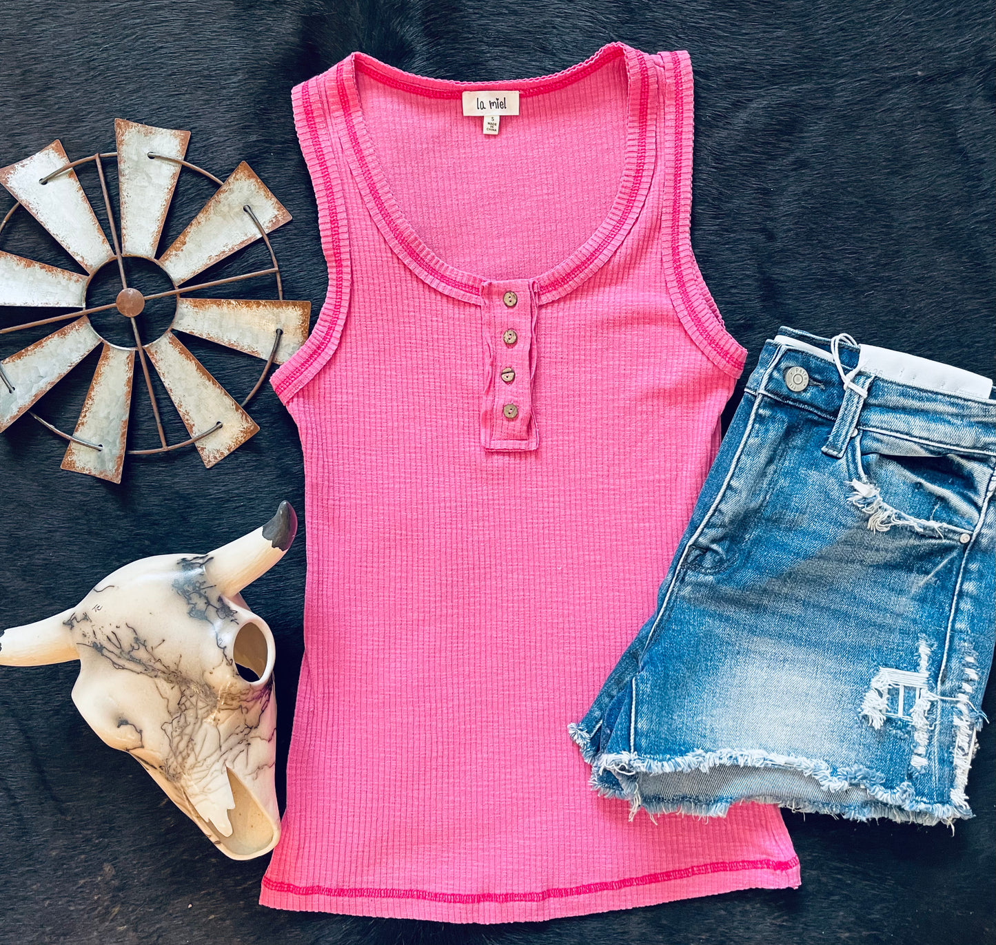 Pink Ribbed Henley Tank