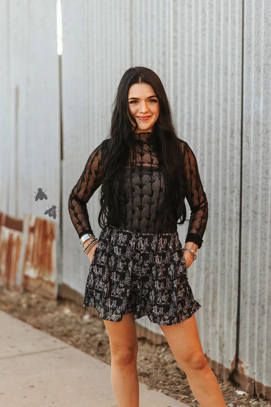 Lariat Lace Mesh Long Sleeve - Black - Small