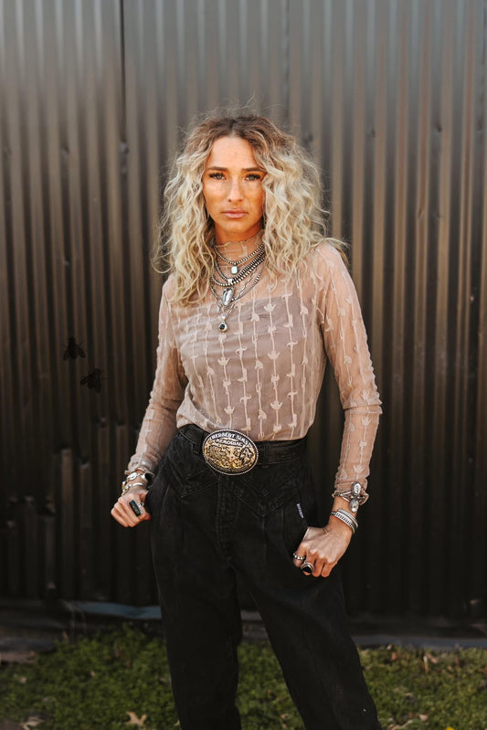 Lariat Lace Mesh Long Sleeve - Bone - Small