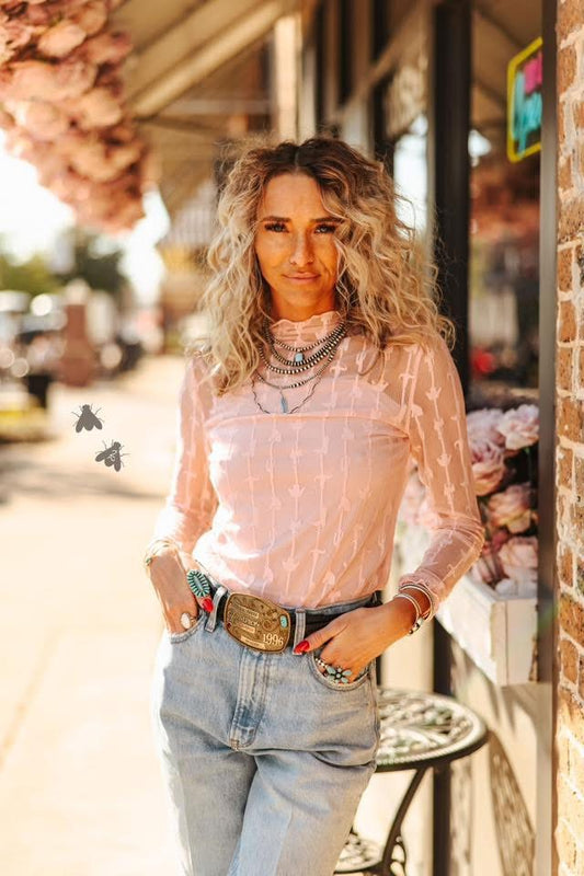 Lariat Lace Mesh Long Sleeve - Pink - Small