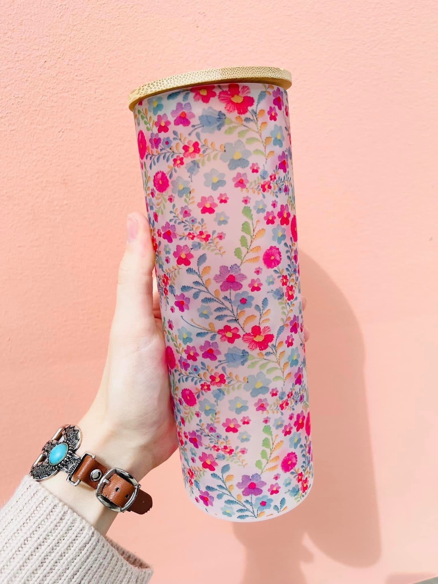 Mini Florals featuring pinks, blues, purples and some ombre colored flowers. Frosted Glass tumbler