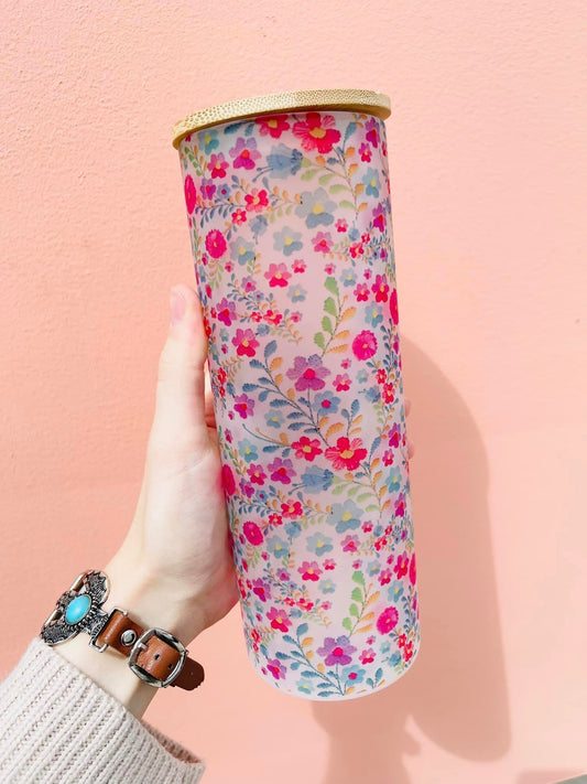 Mini Florals featuring pinks, blues, purples and some ombre colored flowers. Frosted Glass tumbler
