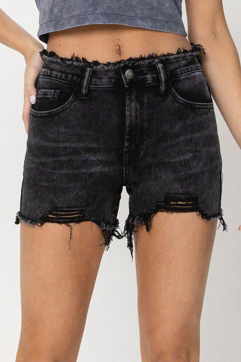 Black Shorts with distressing, raw hem on the top of the shorts