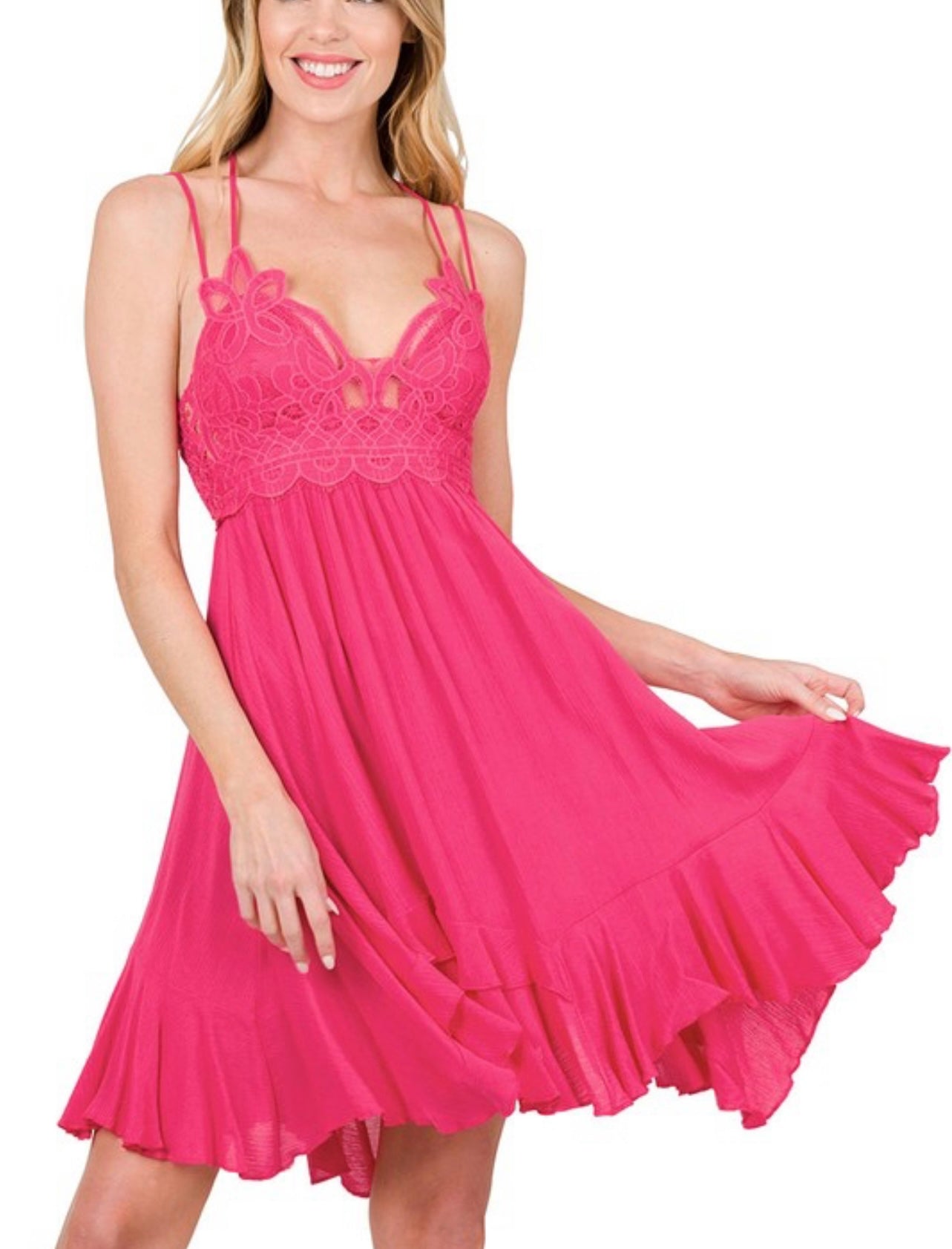 Fuchsia Ruffle Lace Tank Dress - HIGHLAND MOON CO, LLC