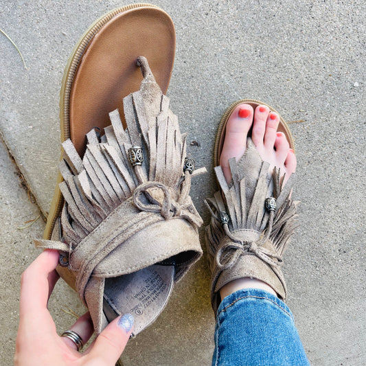 Taupe Fringe Sandals by Very G - HIGHLAND MOON CO, LLC