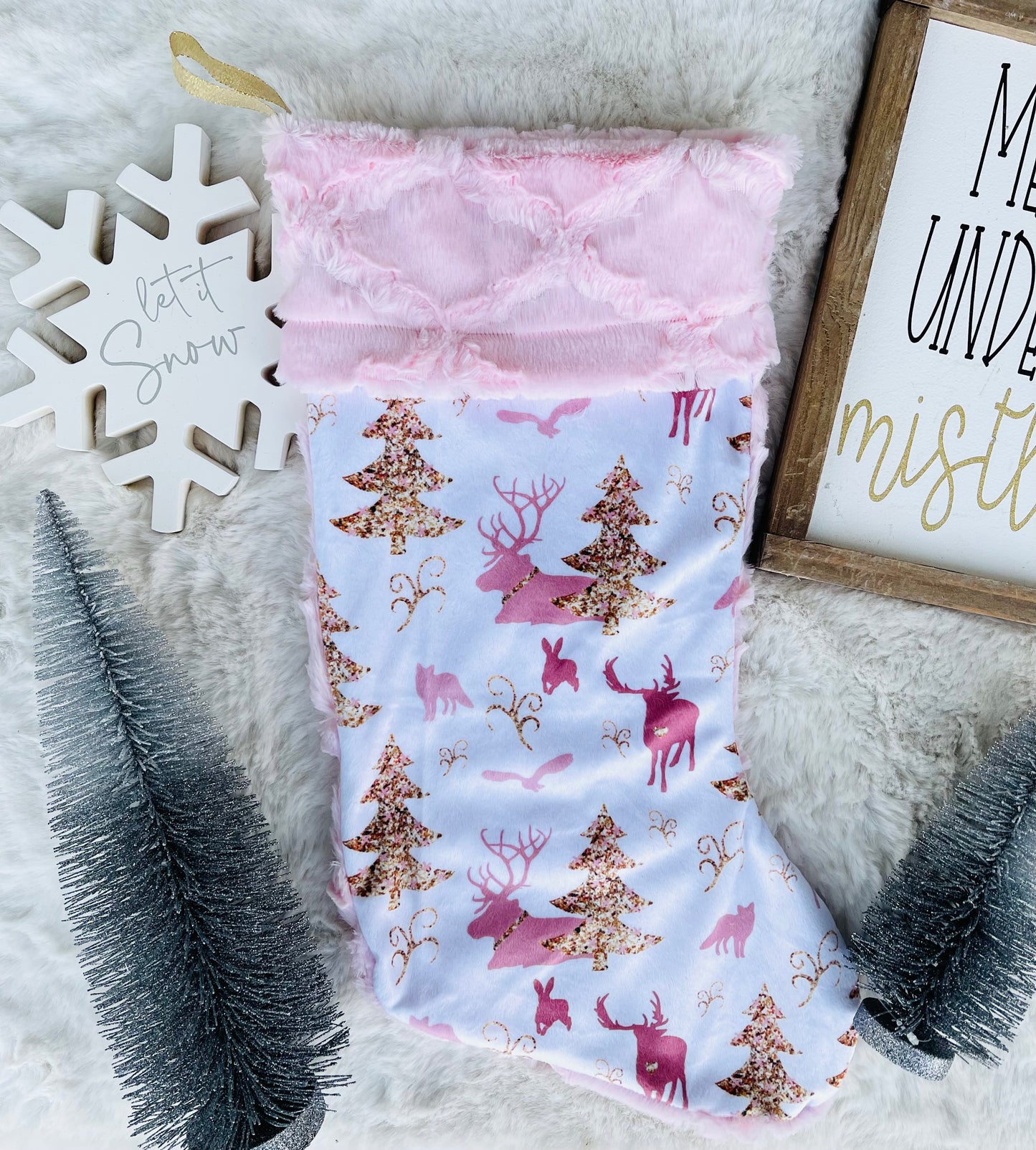 Pink Christmas Minky Stocking - HIGHLAND MOON CO, LLC
