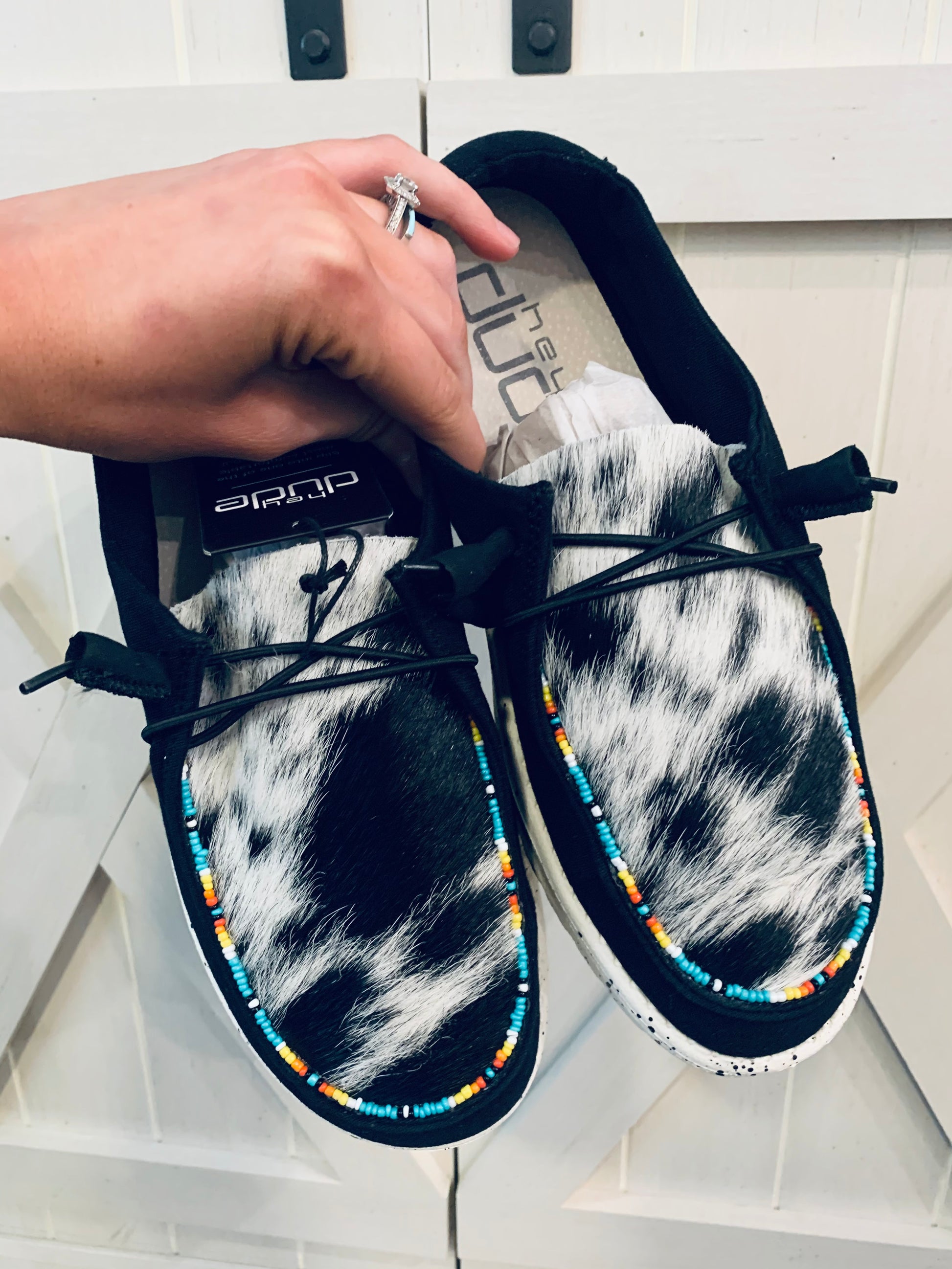 Black Cowhide Beaded Hey Dudes - HIGHLAND MOON CO, LLC