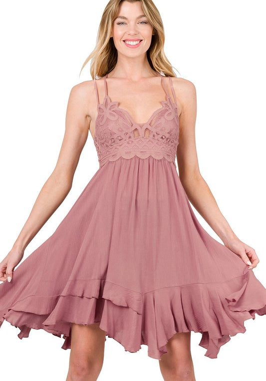 Light Rose Ruffle Lace Tank Dress
