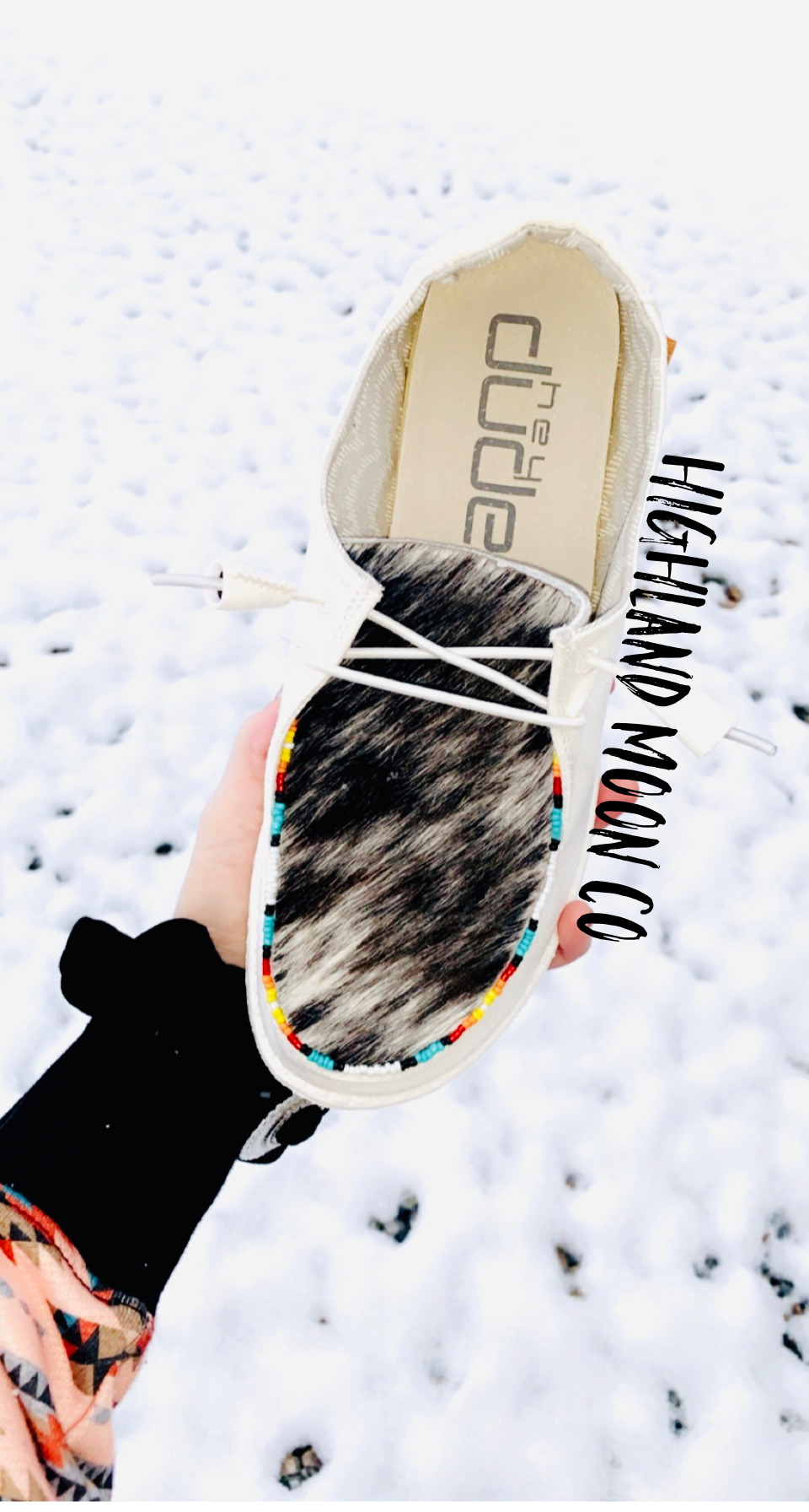 White Cowhide Beaded Hey Dudes - HIGHLAND MOON CO, LLC