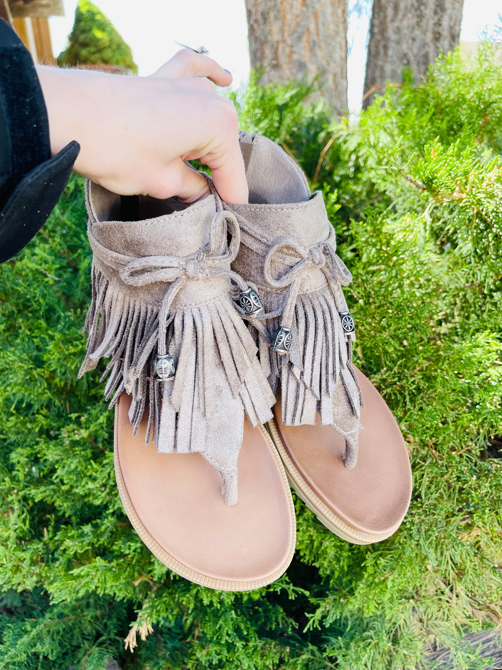 Taupe Fringe Sandals by Very G - HIGHLAND MOON CO, LLC